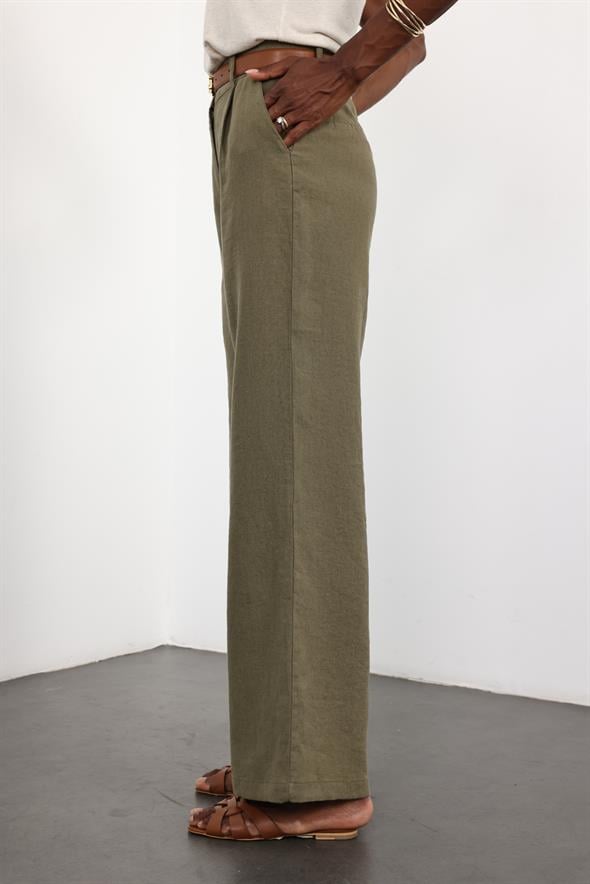 Haki %100 Keten Palazzo Pantolon 