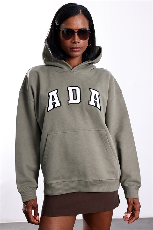 Haki Ada Nakışlı Kapüşonlu Sweatshirt 