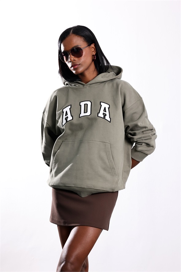 Haki Ada Nakışlı Kapüşonlu Sweatshirt 