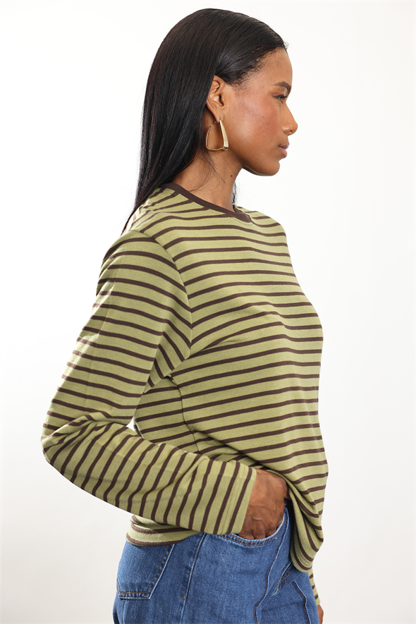 Haki Çizgili Uzun Kollu Tişört 0197