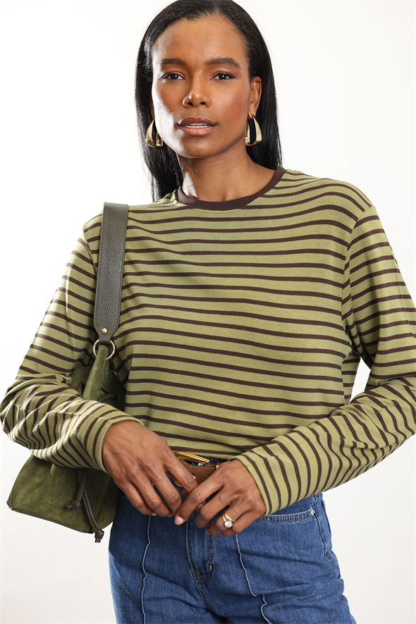 Haki Çizgili Uzun Kollu Tişört 0197