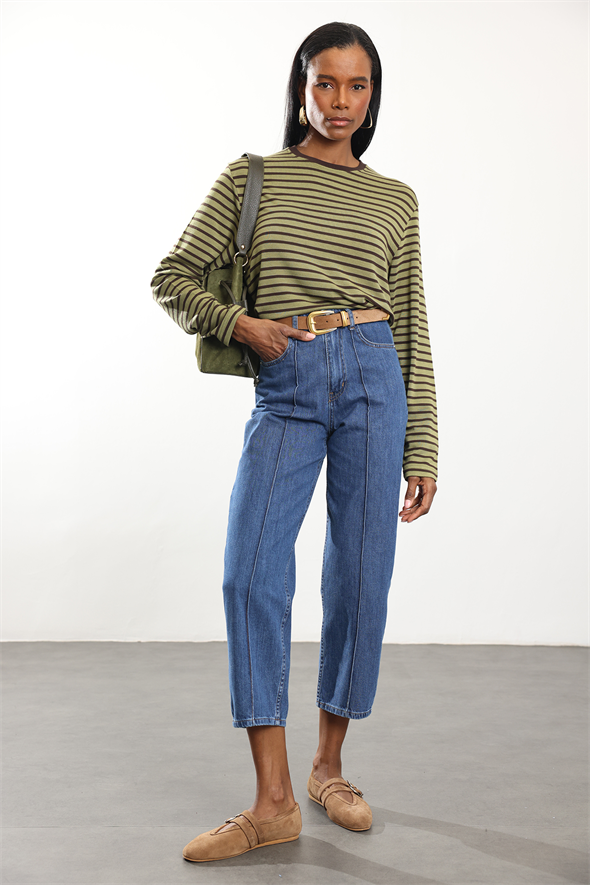 Haki Çizgili Uzun Kollu Tişört 0197