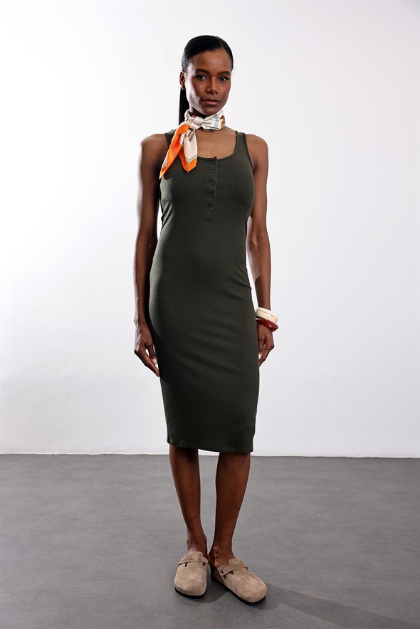 Haki Fitilli Midi Boy Elbise 