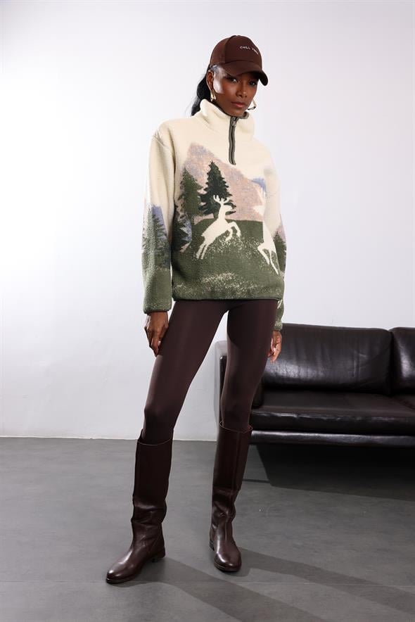 Haki Geyik Desenli Polar Sweatshirt 22365