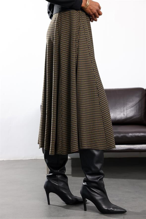 Haki Kareli Midi Boy Etek 1279