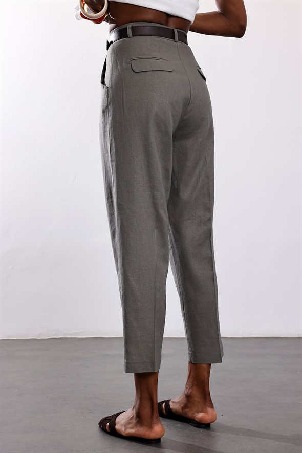 Haki Kemerli Keten Karışımlı Pantolon 51374