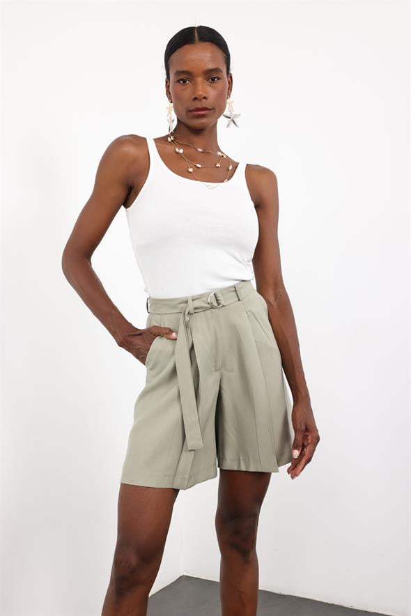 Haki Kemerli Tencel Şort 16941