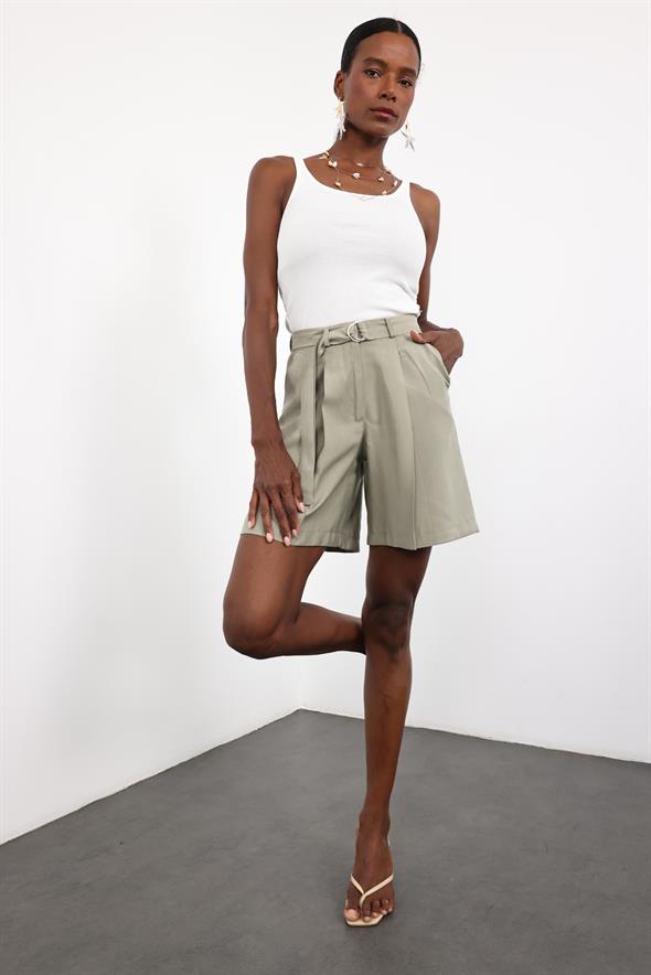 Haki Kemerli Tencel Şort 16941