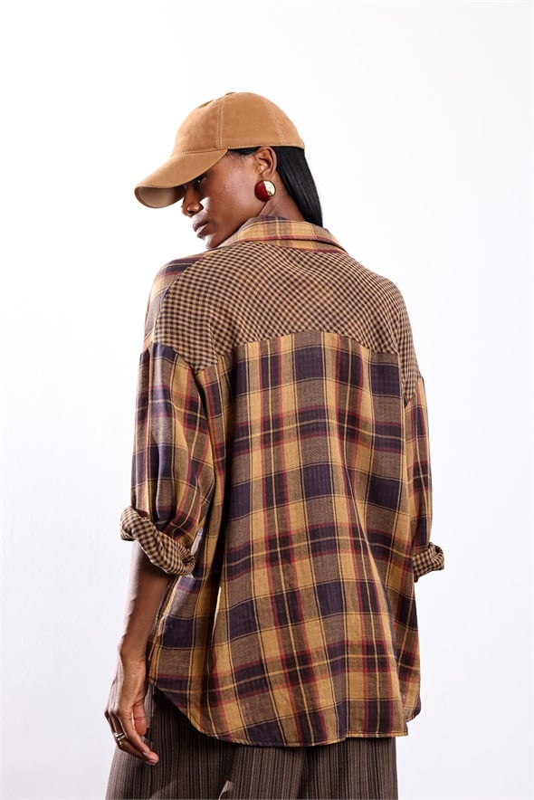 Hardal Ekose Desen Oversize Gömlek 5163