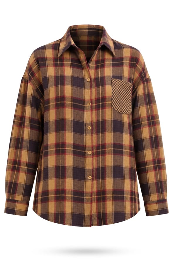 Hardal Ekose Desen Oversize Gömlek 5163