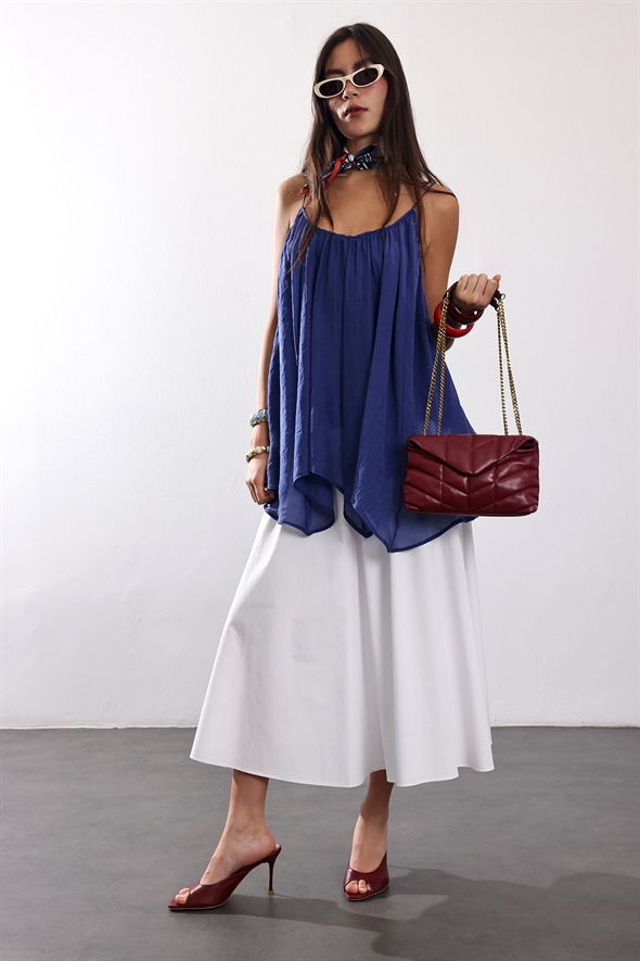 indigo Askılı Pileli Bluz 5090