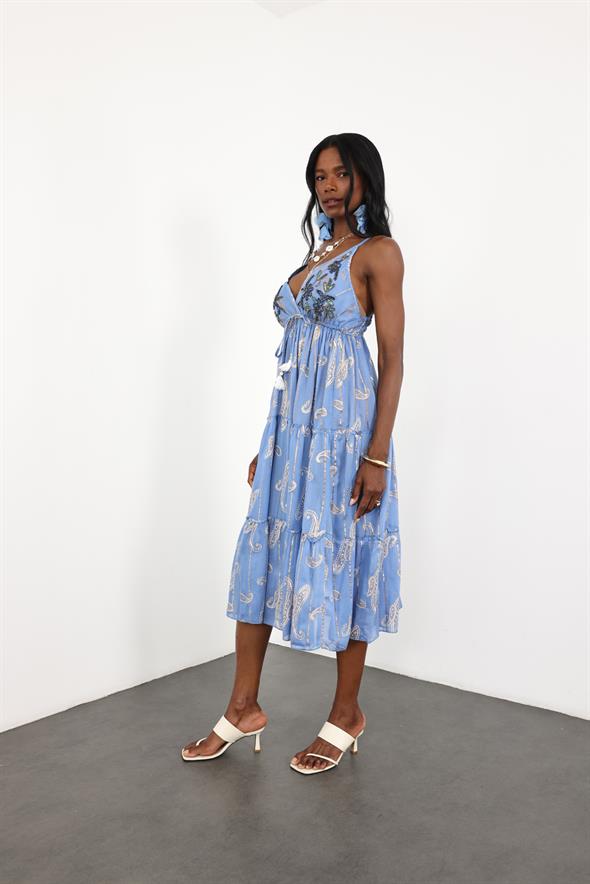 indigo Boncuk İşlemeli İthal Elbise M38172