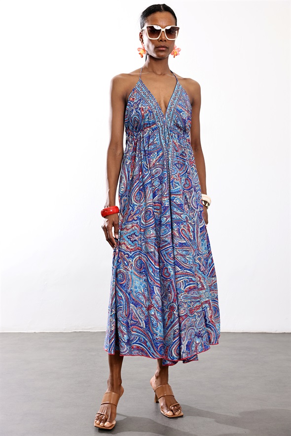 indigo Şal Desenli Maxi Boy Elbise 39619