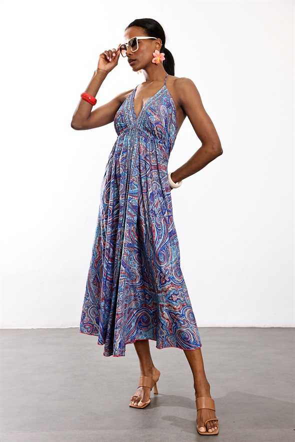 indigo Şal Desenli Maxi Boy Elbise 39619