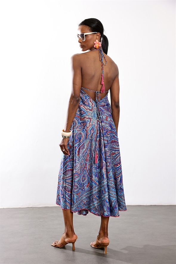 indigo Şal Desenli Maxi Boy Elbise 39619