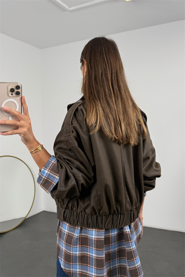 Kahverengi Antik Deri Bomber Ceket 