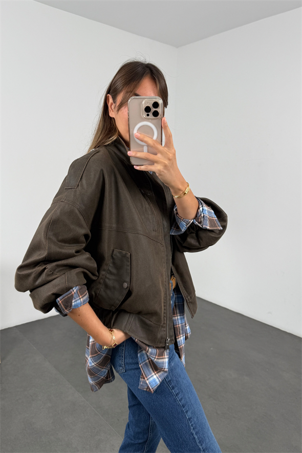 Kahverengi Antik Deri Bomber Ceket 