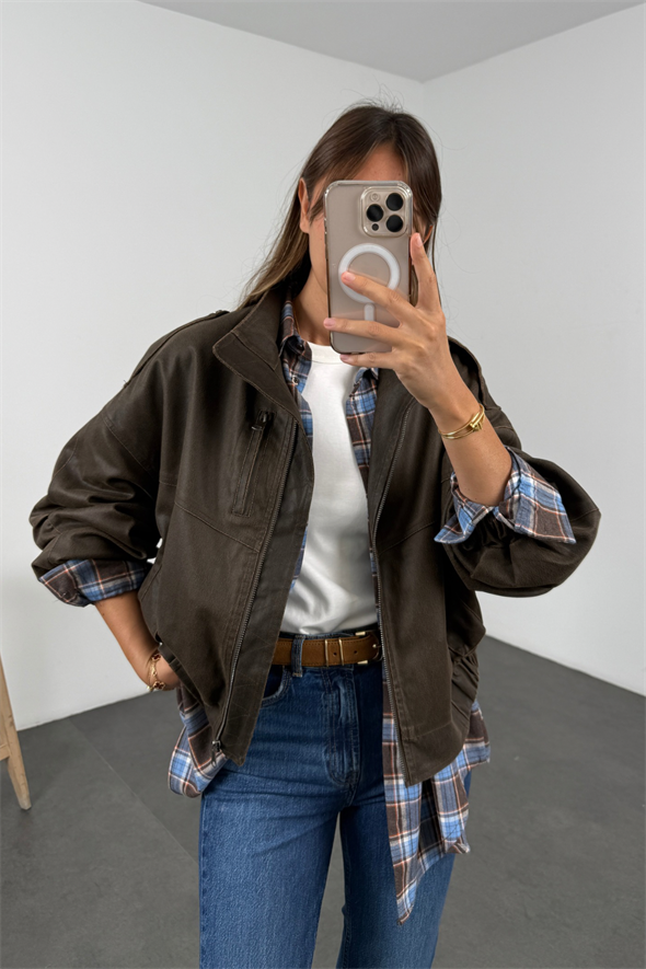 Kahverengi Antik Deri Bomber Ceket 