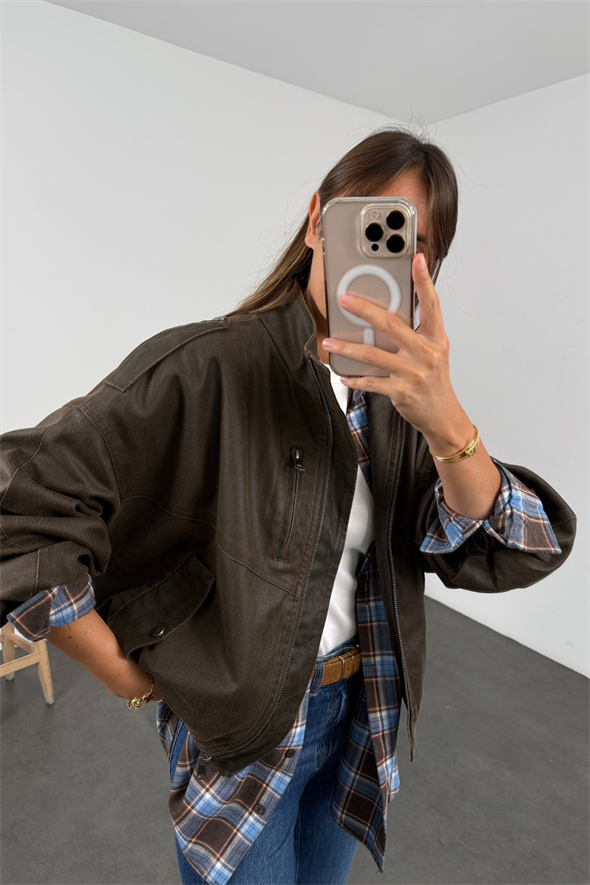 Kahverengi Antik Deri Bomber Ceket 