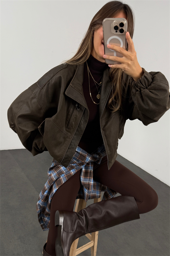 Kahverengi Antik Deri Bomber Ceket 