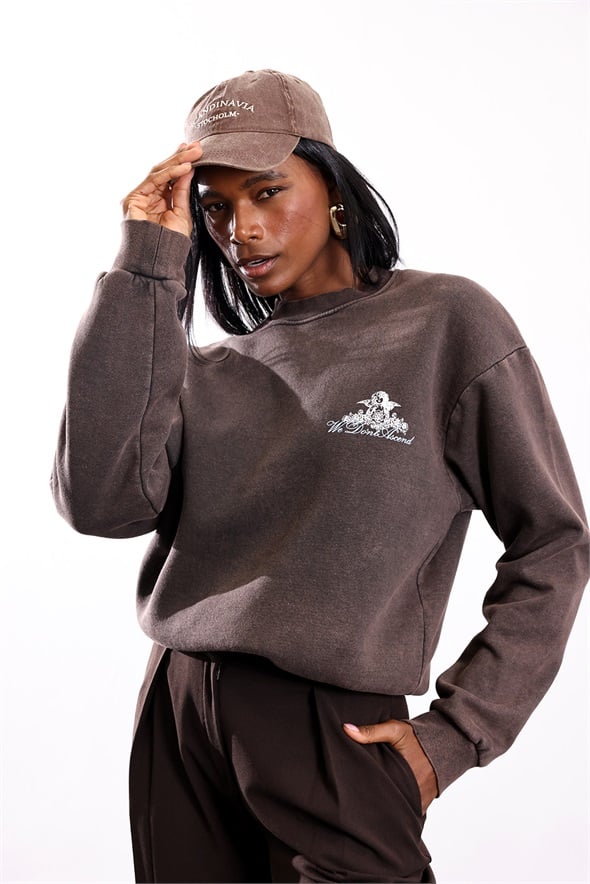 Kahverengi Arkası Baskılı Bisiklet Yaka Sweatshirt 954