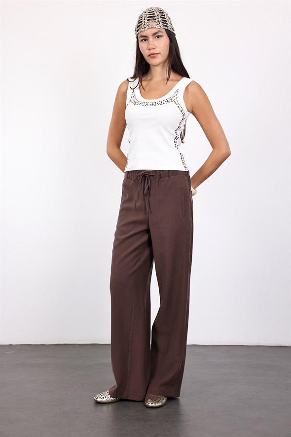 Kahverengi Beli Lastikli Tensel Pantolon 9027
