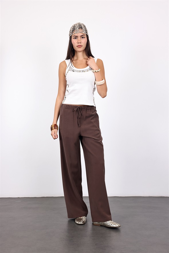 Kahverengi Beli Lastikli Tensel Pantolon 9027