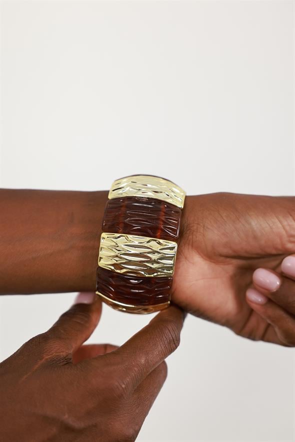 Kahverengi Bombeli Gold Plaka Bileklik 