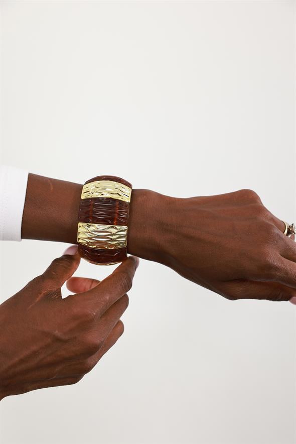 Kahverengi Bombeli Gold Plaka Bileklik 