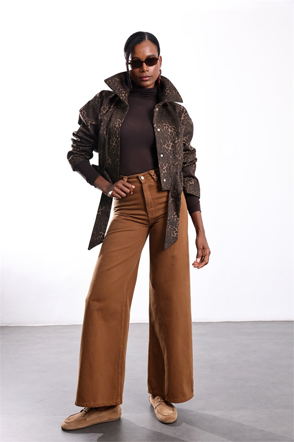 Kahverengi Cebi Örgü Detaylı Wide Leg Jean 1499