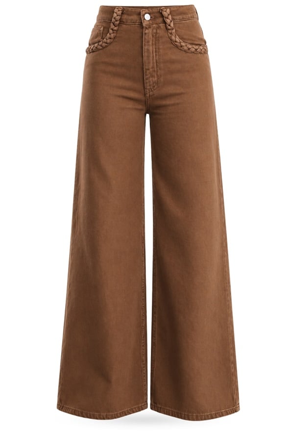 Kahverengi Cebi Örgü Detaylı Wide Leg Jean 1499