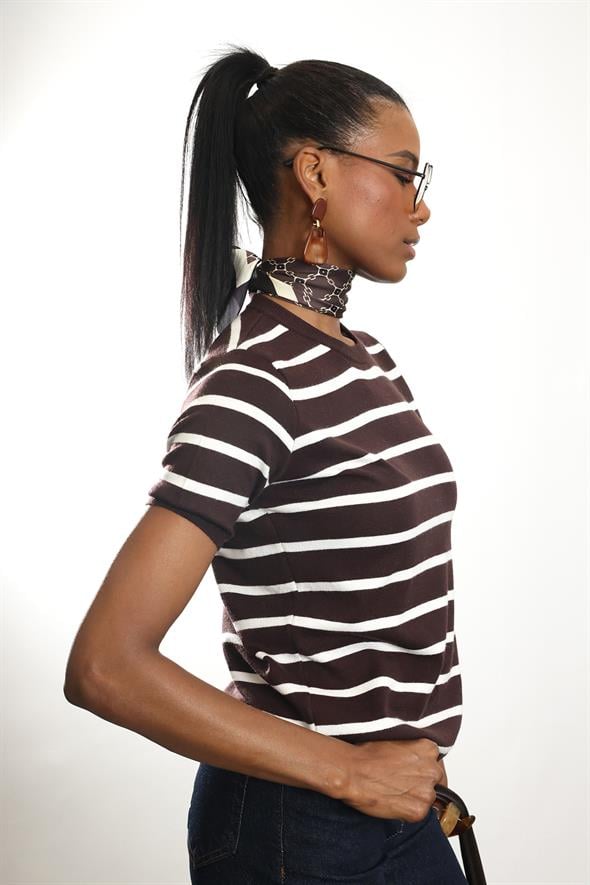 Kahverengi Çizgili Kısa Kol Triko 4562