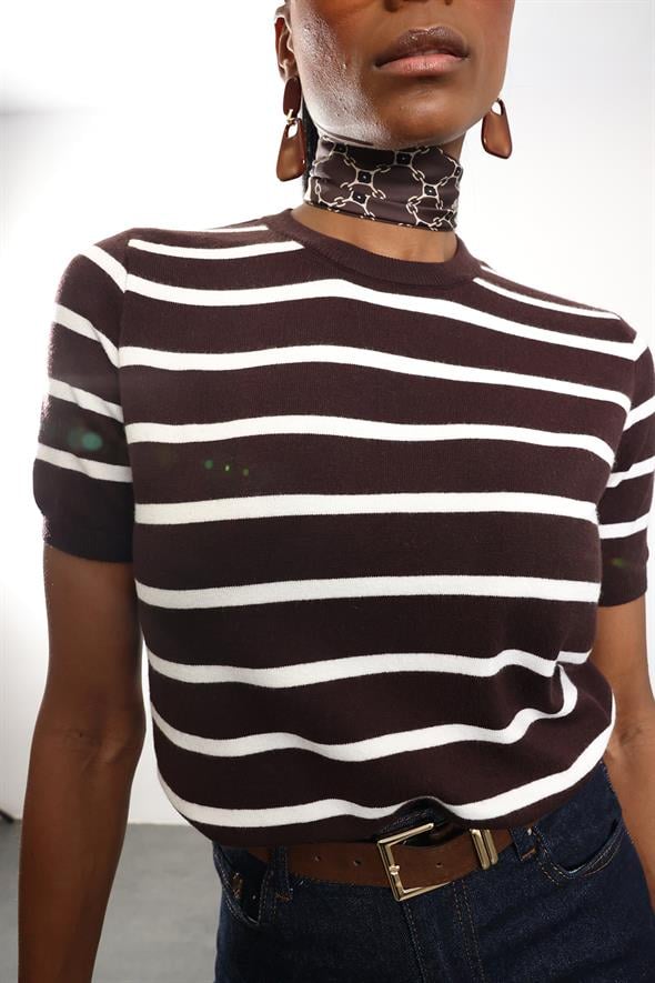 Kahverengi Çizgili Kısa Kol Triko 4562