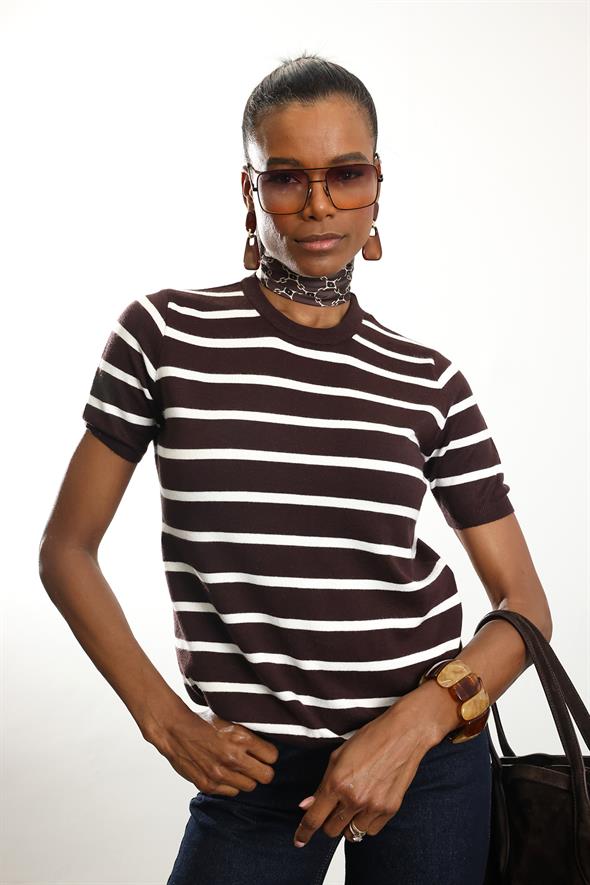 Kahverengi Çizgili Kısa Kol Triko 4562