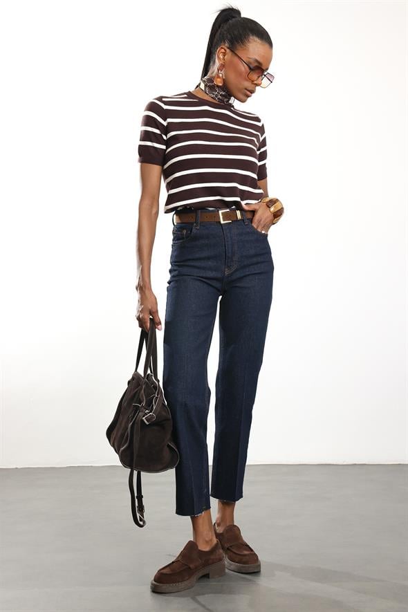 Kahverengi Çizgili Kısa Kol Triko 4562