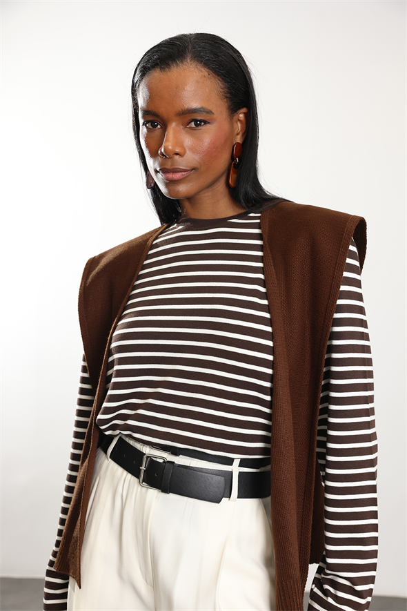 Kahverengi Çizgili Uzun Kollu Tişört 0197