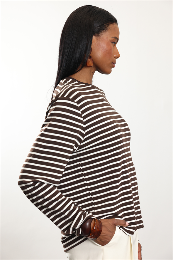 Kahverengi Çizgili Uzun Kollu Tişört 0197