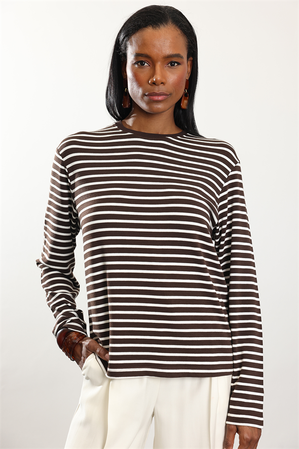 Kahverengi Çizgili Uzun Kollu Tişört 0197