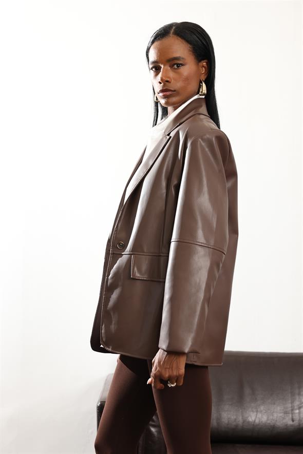 Kahverengi Deri Blazer Ceket 0554