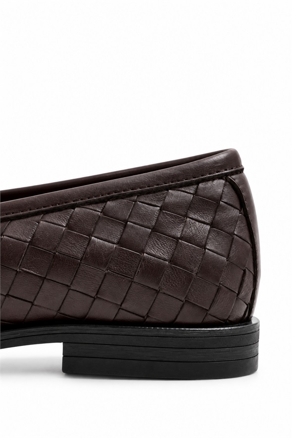 Kahverengi Deri Örgü Loafer 43702