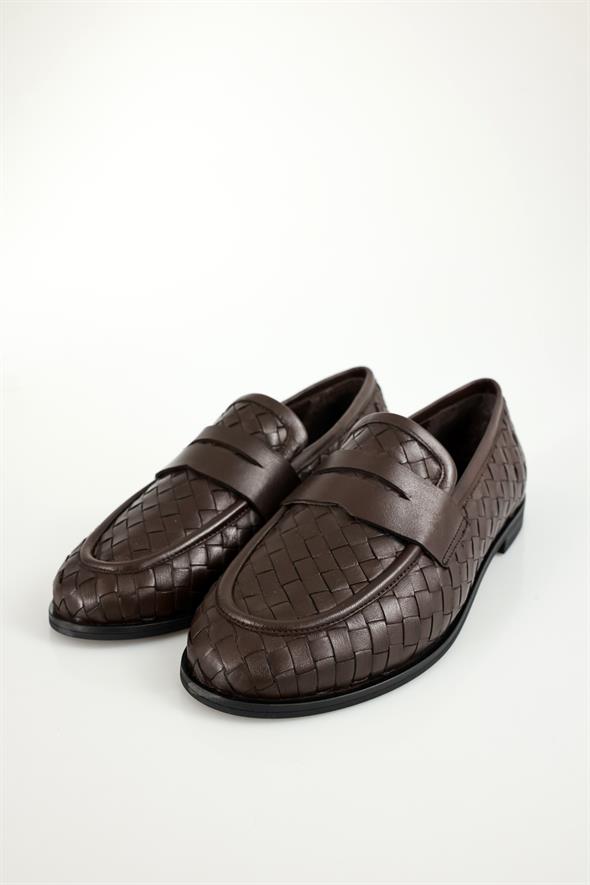 Kahverengi Deri Örgü Loafer 43702