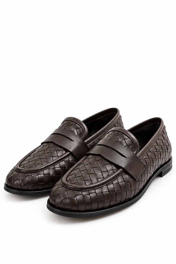 Kahverengi Deri Örgü Loafer 43702