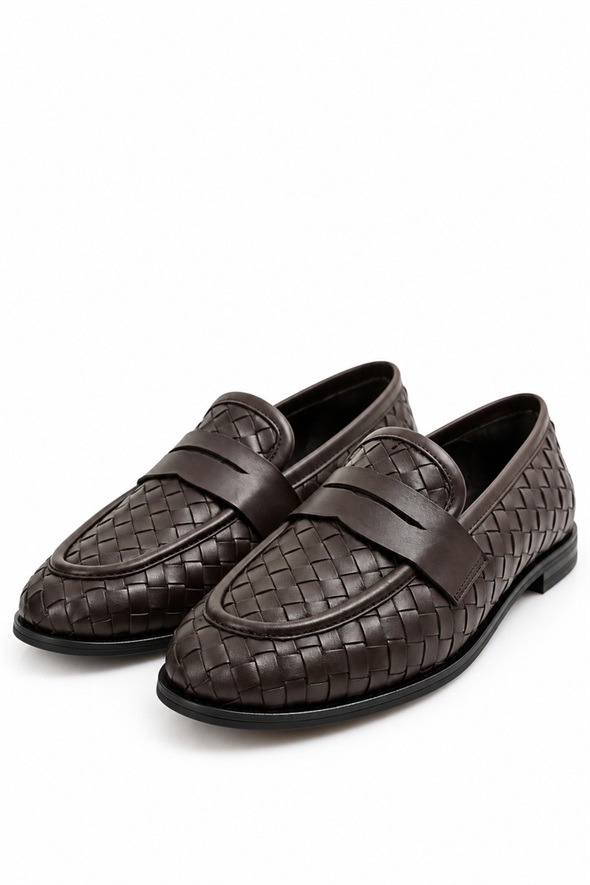 Kahverengi Deri Örgü Loafer 43702