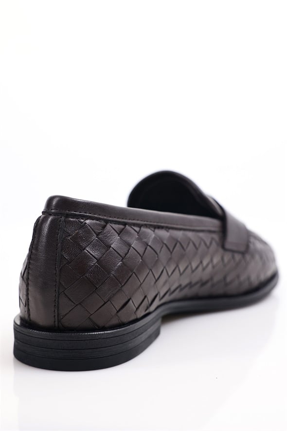 Kahverengi Deri Örgü Loafer 43702