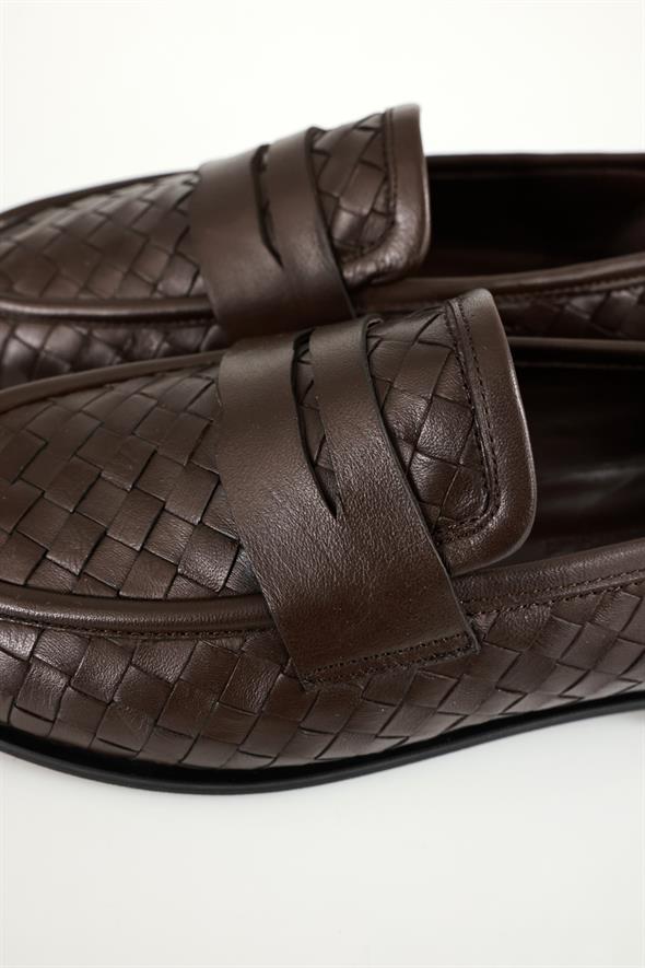 Kahverengi Deri Örgü Loafer 43702