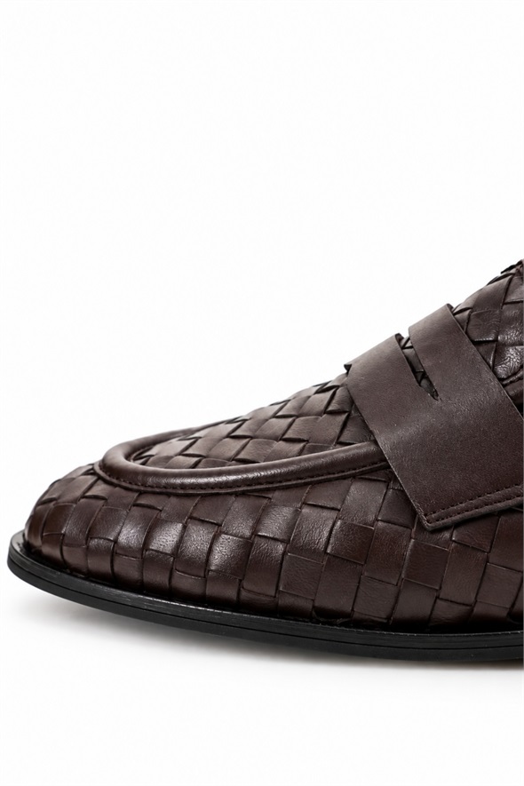 Kahverengi Deri Örgü Loafer 43702
