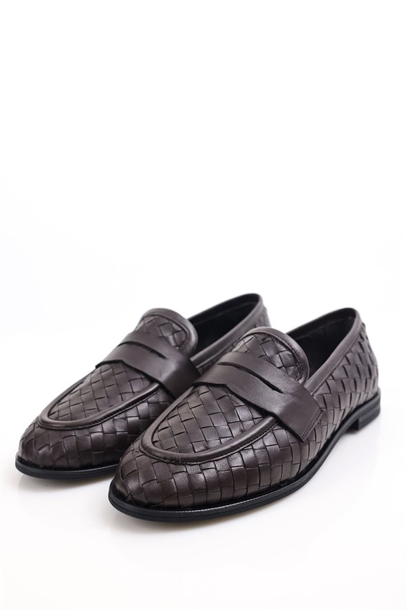 Kahverengi Deri Örgü Loafer 43702