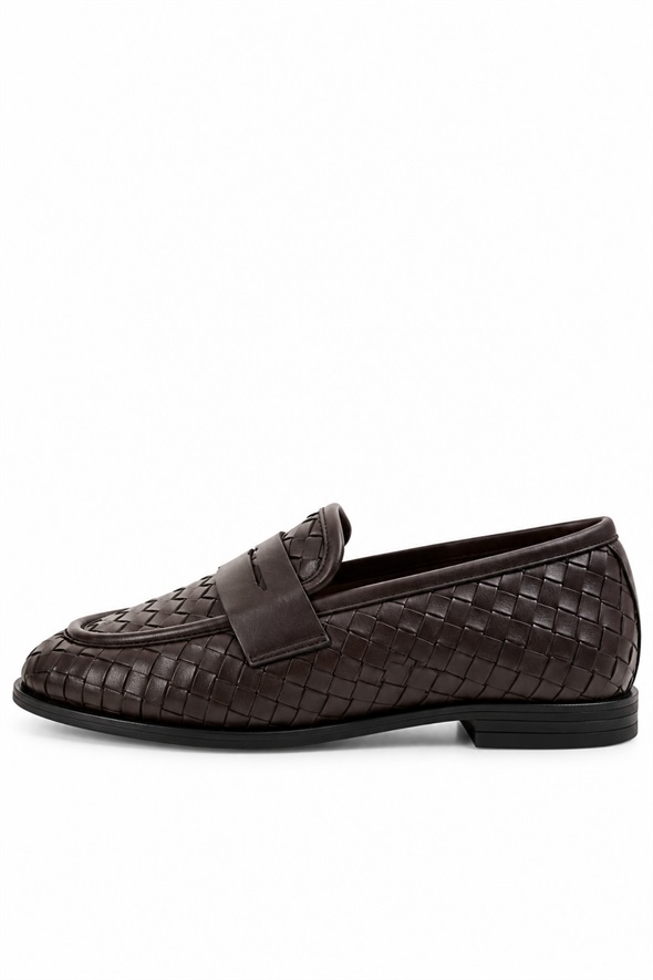 Kahverengi Deri Örgü Loafer 43702