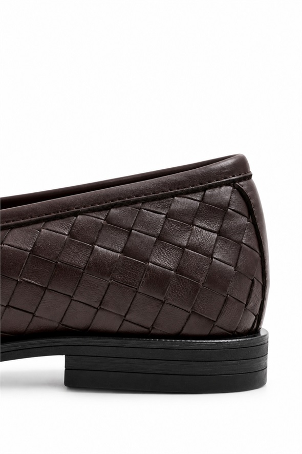 Kahverengi Deri Örgü Loafer 43702