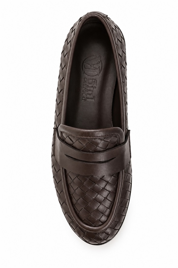 Kahverengi Deri Örgü Loafer 43702